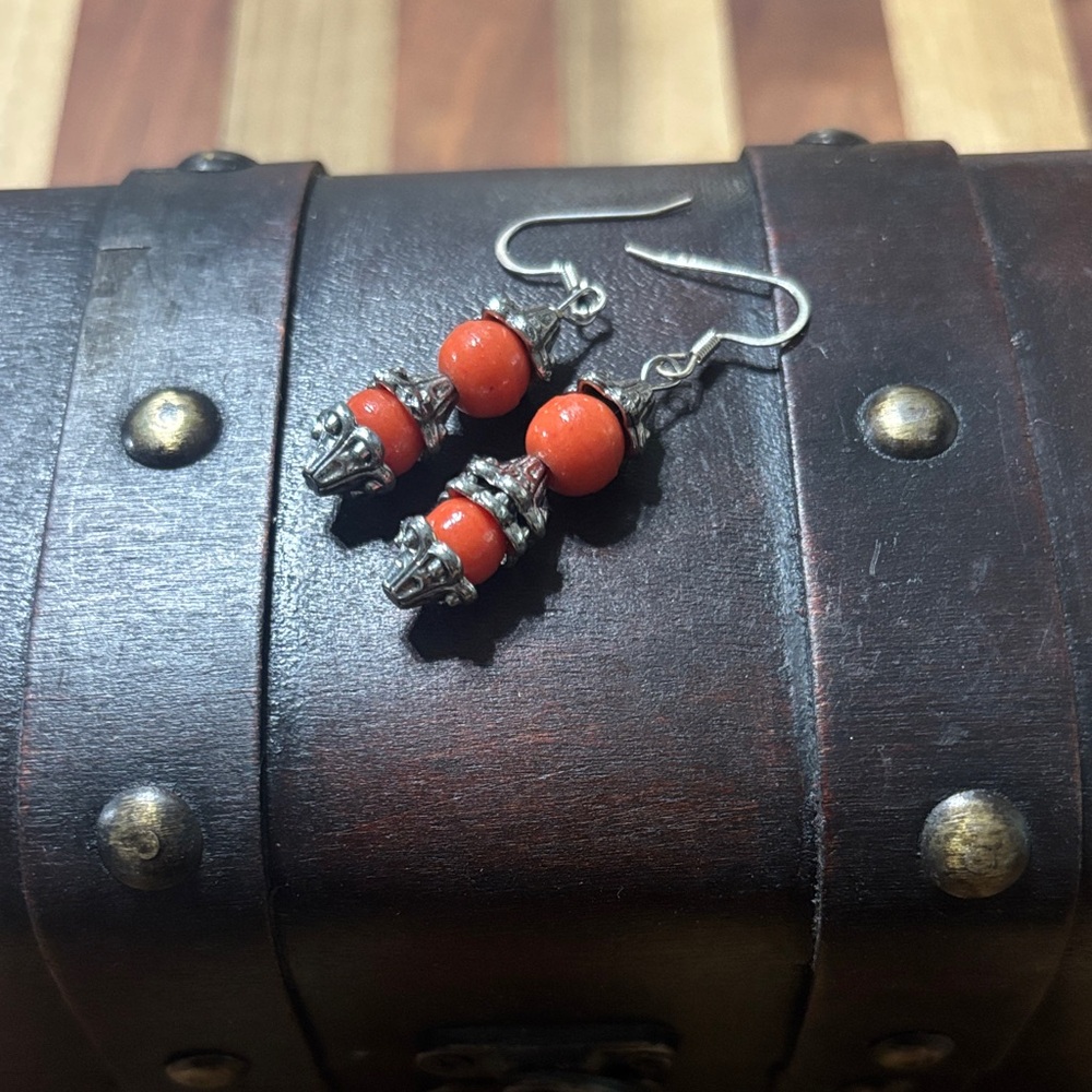 Silver and Orange Beaded Earrings